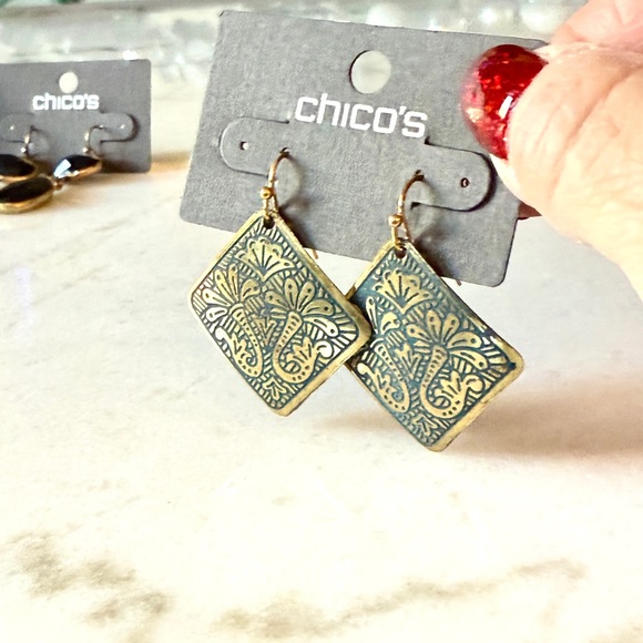 Chico's Gold Earrings Trio NWT Pearls Artisan Black Drops - Picture 6 of 8